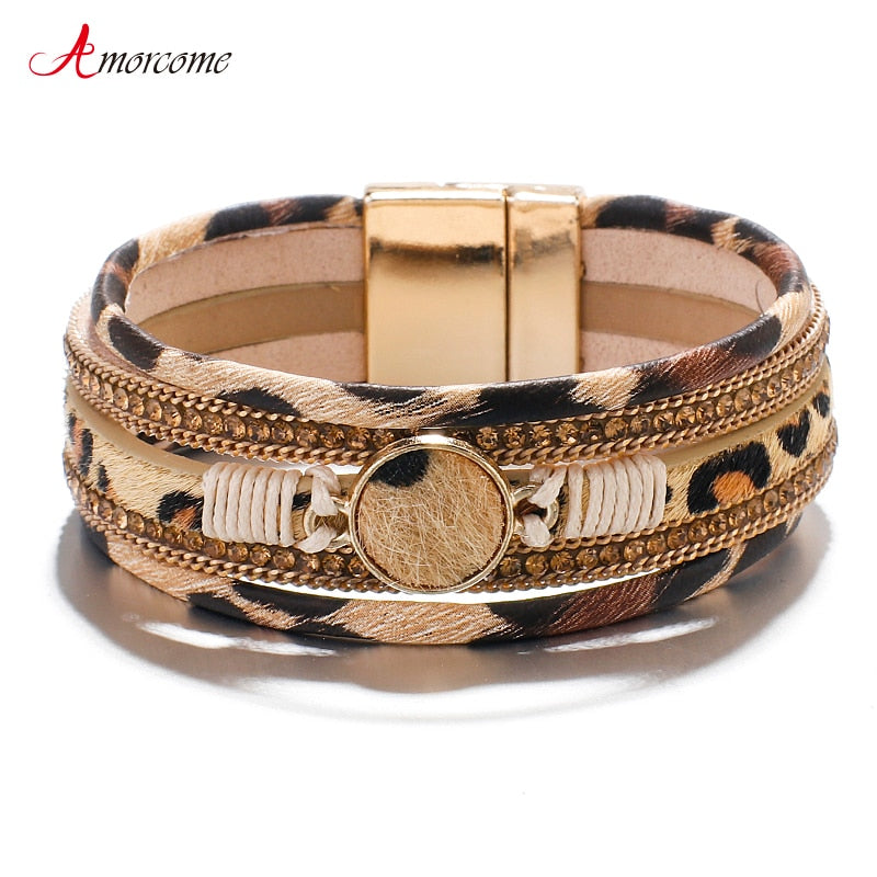 Amorcome Bohemian Round Charm Leopard Leather Bracelets for Women Crystal Wide Wrap Bracelet Fashion Bracelets &amp; Bangles Jewelry