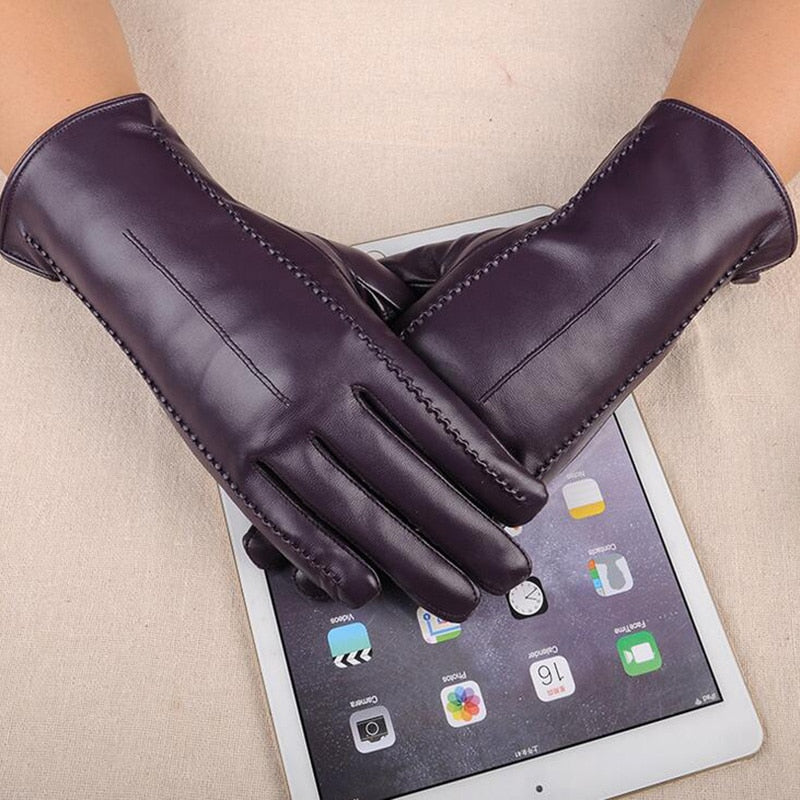 High Quality Leather Female Fashion Winter Warm Black Bow Cycling Gloves Women Driving Touch Phone Screen Glove Mittens B7