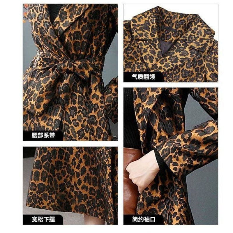 Women's Trench Coat Leopard Long Sleeve Coat Women 2023 Spring Autumn New Fashion Elegant Long Female Casual Windbreaker Lu2005