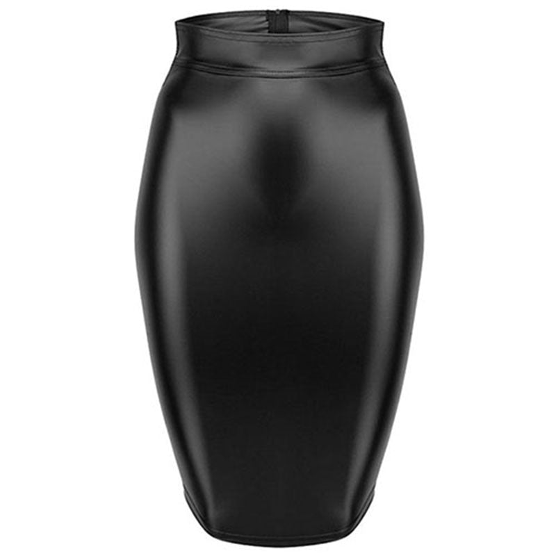 PU Leather Skirt up Zipper Bandage Bodycon Faux Leather 2021 Back Lace Womens Ladies Knee Length Wet Look Plus Size Black Style