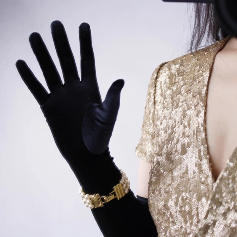 Gold Velvet Long Gloves Autumn Winter Dinner Dress Women&#39;s Gloves Black Velvet Elastic Warm Christmas Halloween Party Gloves