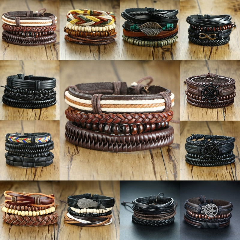 Vnox Assorted Men's Bracelets Set 4pcs Mixed Leather Wrap Bracelet Black Brown Bangles Punk Male Rock Accessory