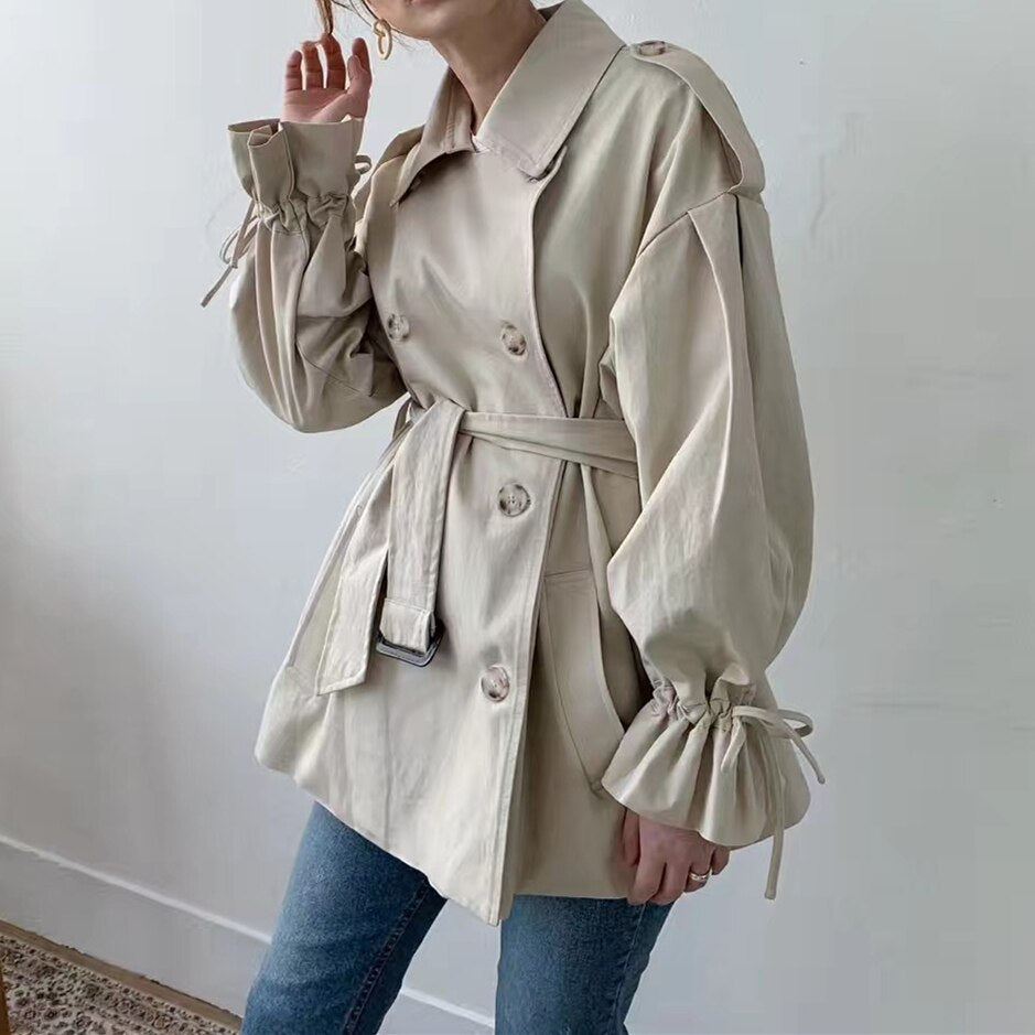 REALEFT 2022 New Autumn Winter Khaki Minimalist Women's Trench Coat Sashes Windbreaker Loose Flare Sleeve Double Breasted Trench