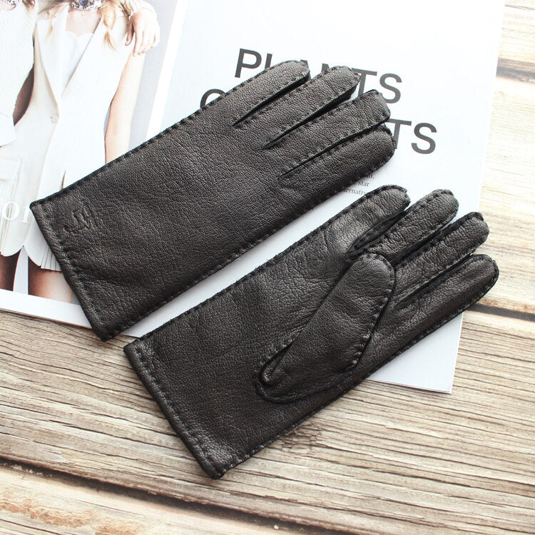 New women's deerskin gloves leather color fashion wool knitted lining hand-stitched outdoor driving and cycling warm gloves