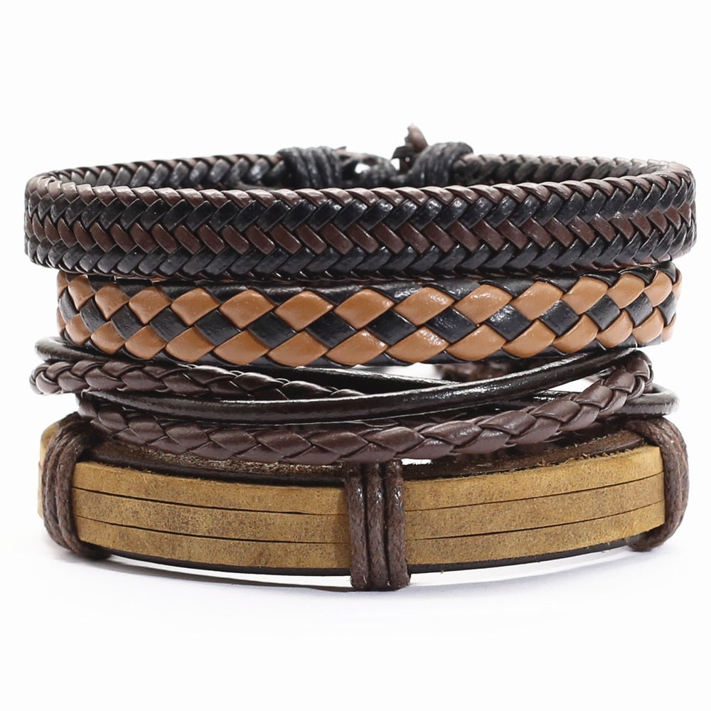 Khaki Brown Handmade Tree New Punk 4 pcs/set Multilayer Wood Beads Charm Leather Bracelets Men Bracelets Women Homme Jewelry