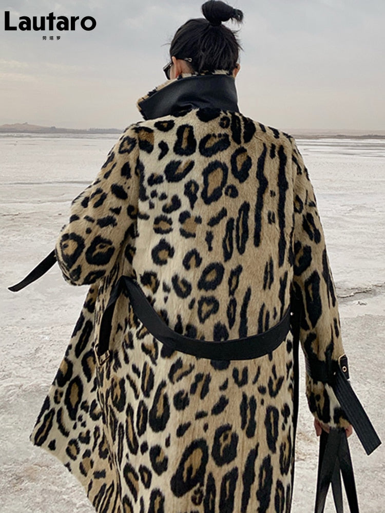 Lautaro Winter Long Leopard Print Warm Fluffy Faux Fur Trench Coat for Women Long Sleeve Double Breasted European Fashion 2021