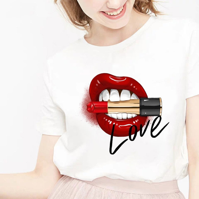 camiseta tee shirts female T-shirt koszulki damskie Harajuku Tshirt Lip Lipstick Tops Tee Women&#39;s Summer T Shirt Shirt Feminina