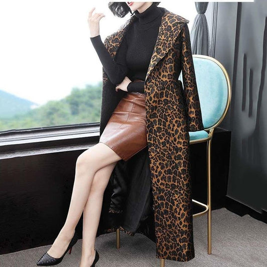 Women's Trench Coat Leopard Long Sleeve Coat Women 2023 Spring Autumn New Fashion Elegant Long Female Casual Windbreaker Lu2005