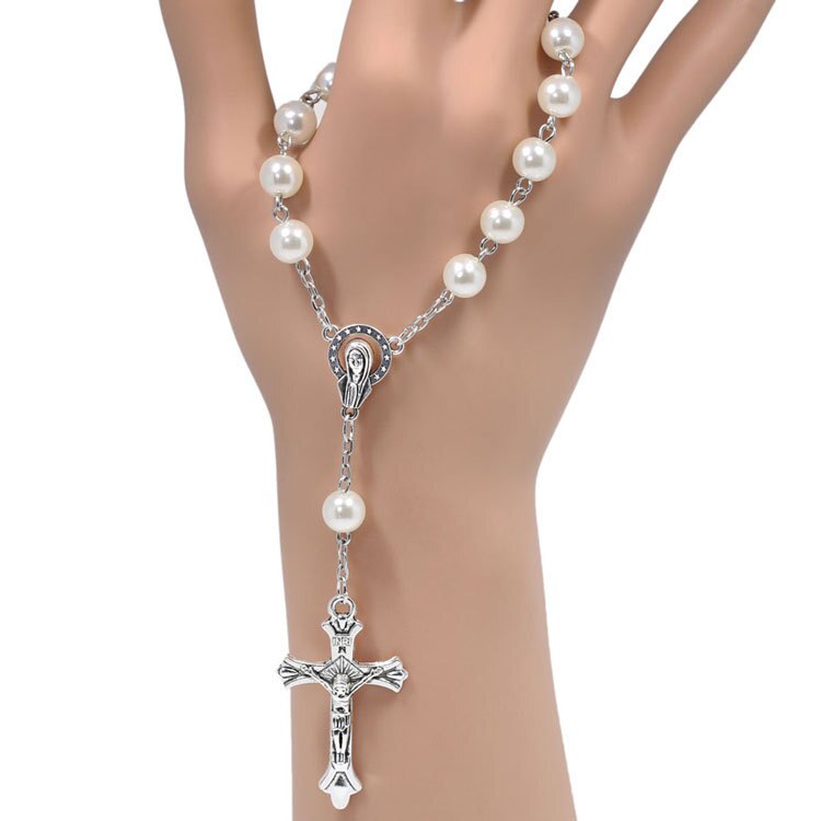 Komi Catholic Rosary White Imitation Pearls Beaded Cross Bracelets Women Christ Jesus Virgin Mary Praying Chains Bracelets R-307