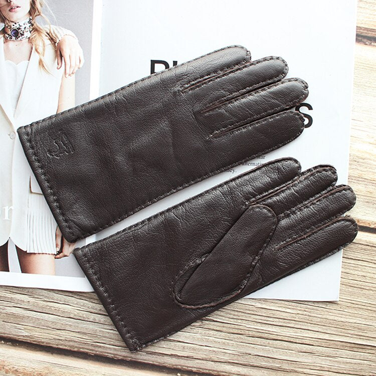 New women's deerskin gloves leather color fashion wool knitted lining hand-stitched outdoor driving and cycling warm gloves