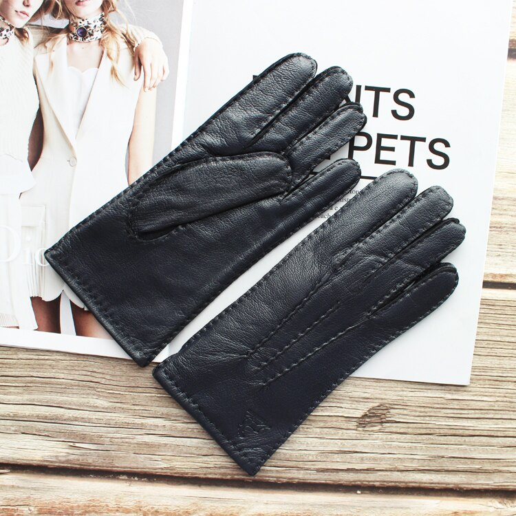 New women's deerskin gloves leather color fashion wool knitted lining hand-stitched outdoor driving and cycling warm gloves