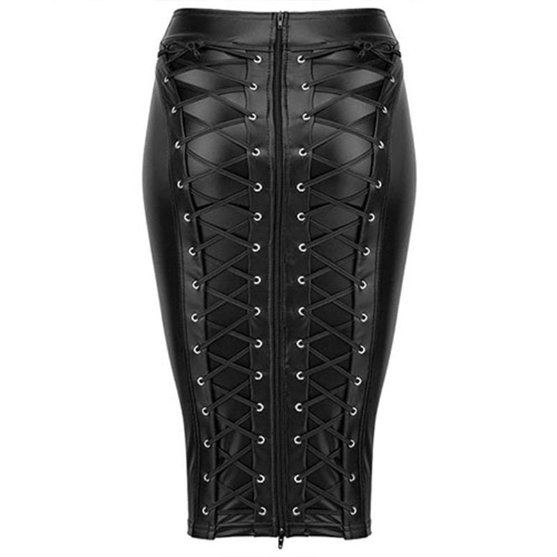 PU Leather Skirt up Zipper Bandage Bodycon Faux Leather 2021 Back Lace Womens Ladies Knee Length Wet Look Plus Size Black Style