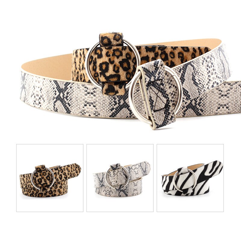 Women's Circle buckle Non-porous PU Leather Belt Leopard print Snakeskin pattern Zebra pattern Teen student fashion waistband 92