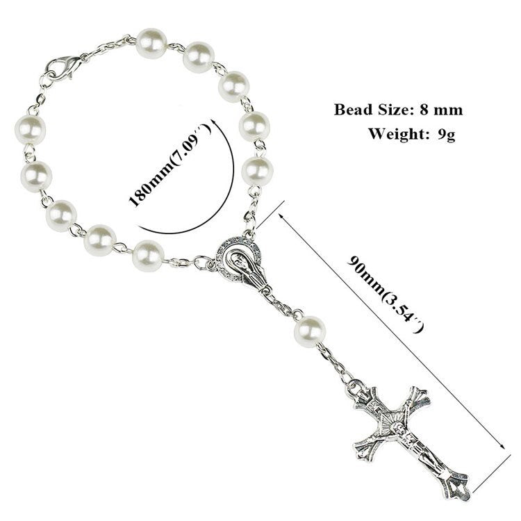 Komi Catholic Rosary White Imitation Pearls Beaded Cross Bracelets Women Christ Jesus Virgin Mary Praying Chains Bracelets R-307