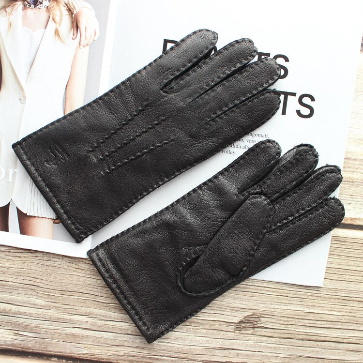 New women's deerskin gloves leather color fashion wool knitted lining hand-stitched outdoor driving and cycling warm gloves