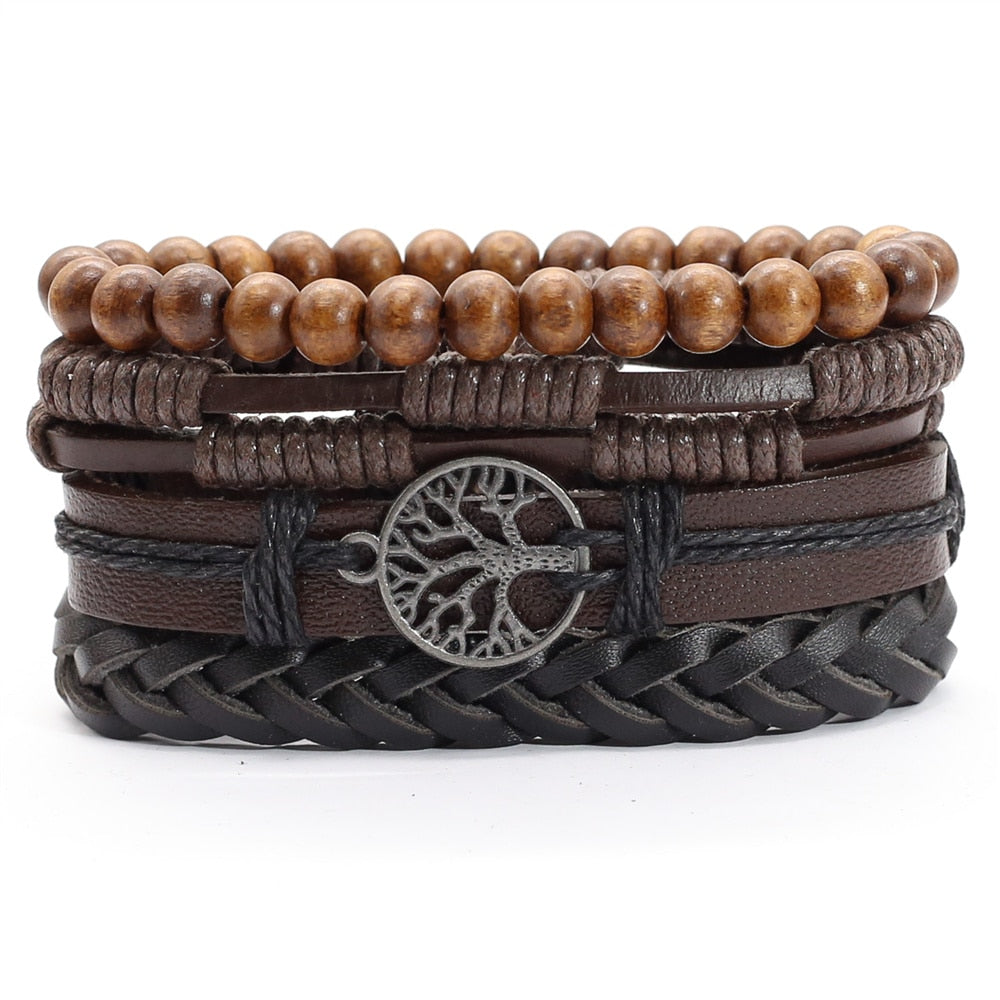 Khaki Brown Handmade Tree New Punk 4 pcs/set Multilayer Wood Beads Charm Leather Bracelets Men Bracelets Women Homme Jewelry