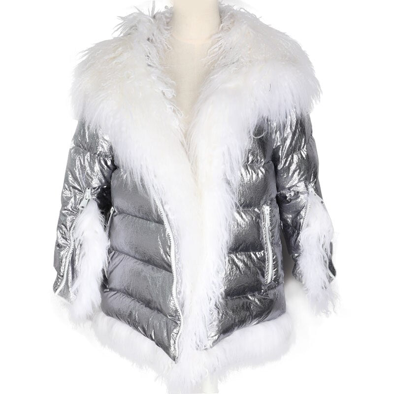 Women Winter Down Jacket Coat Long Warm Silver Parkas Mongolia Sheep Fur Duck Down