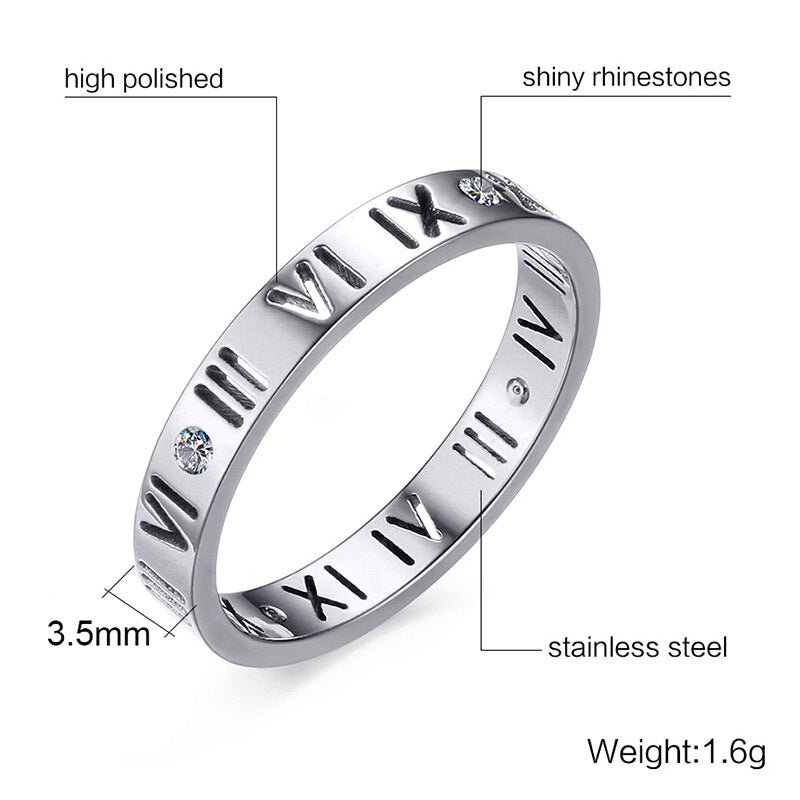 Vnox Women&#39;s Roman Numbers Wedding Rings Elegant Stainless Steel CZ Gold Color Female Alliance Jewelry