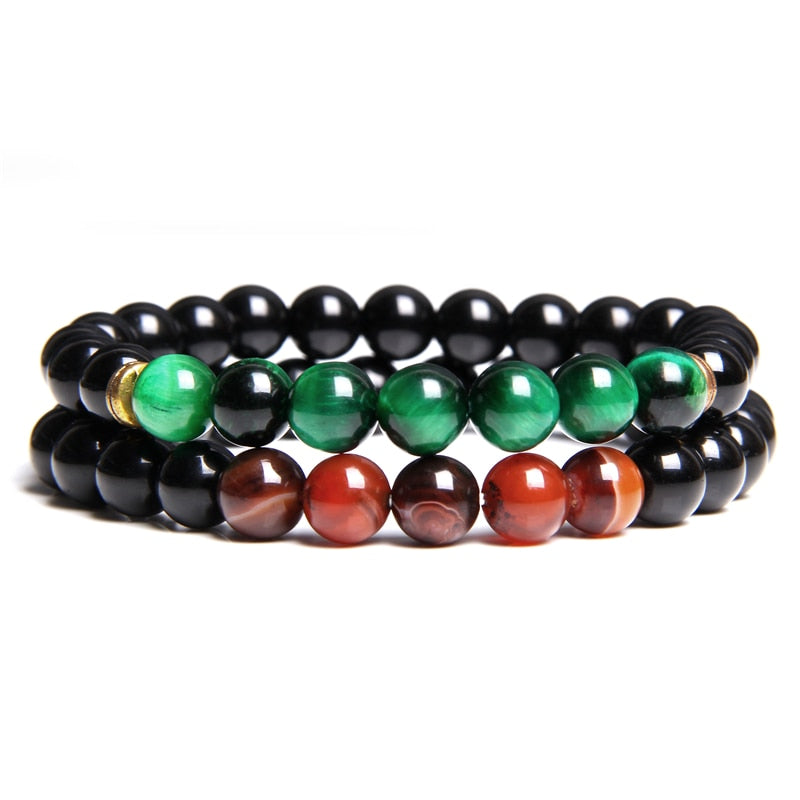 2pcs Men Bracelets Beads Natural Stone Black Onyx&amp;Tiger Eye&amp;Hematite Stone Bracelets for Women Men No Magnetic Bracelet