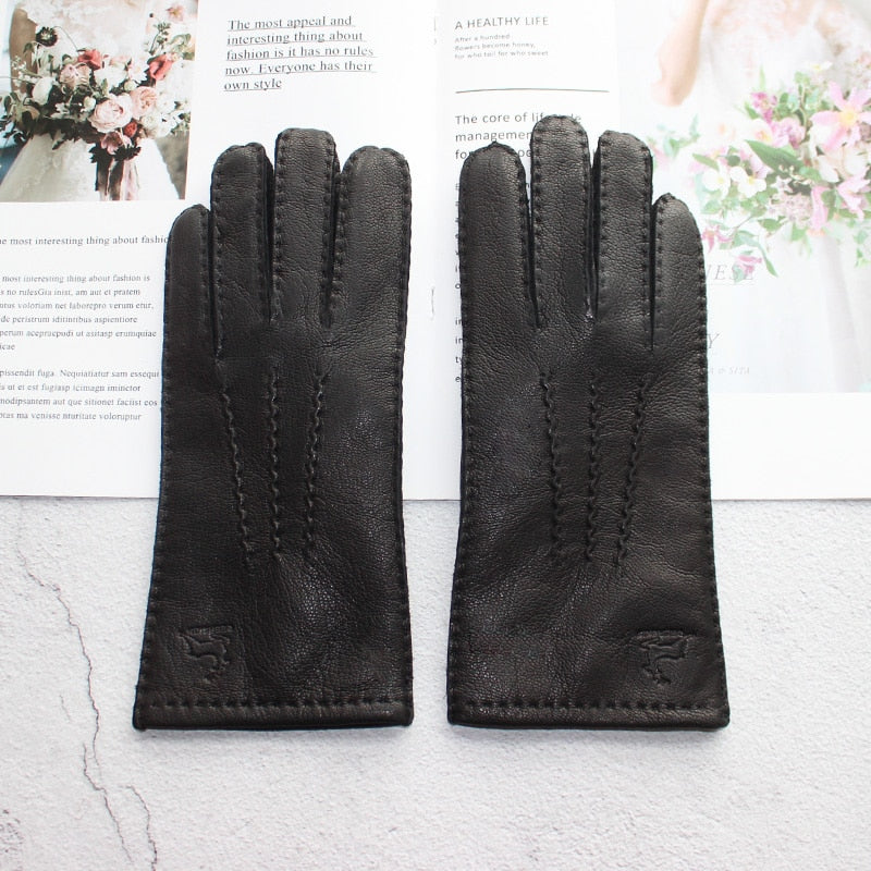 New women's deerskin gloves leather color fashion wool knitted lining hand-stitched outdoor driving and cycling warm gloves