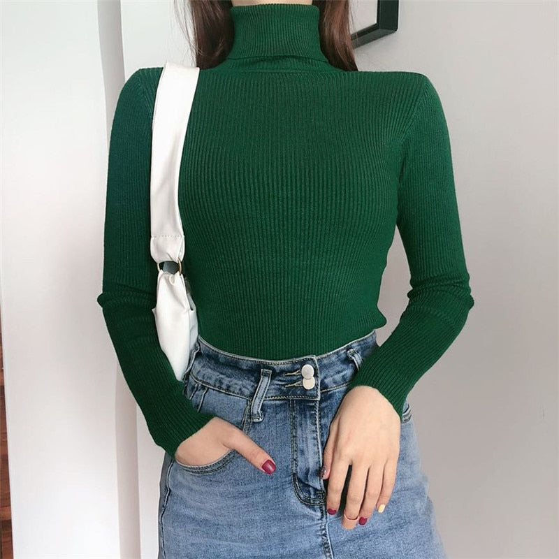 Women Turtleneck Sweaters Autumn Winter Korean Slim Pullover Women Basic Tops Casual Soft Knit Sweater Soft Warm Jumper