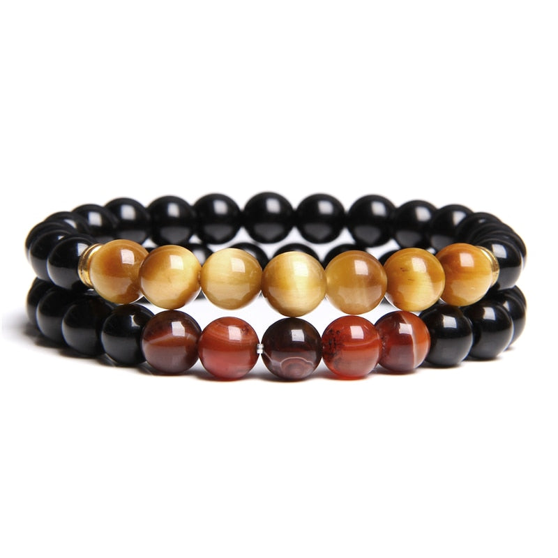 2pcs Men Bracelets Beads Natural Stone Black Onyx&amp;Tiger Eye&amp;Hematite Stone Bracelets for Women Men No Magnetic Bracelet