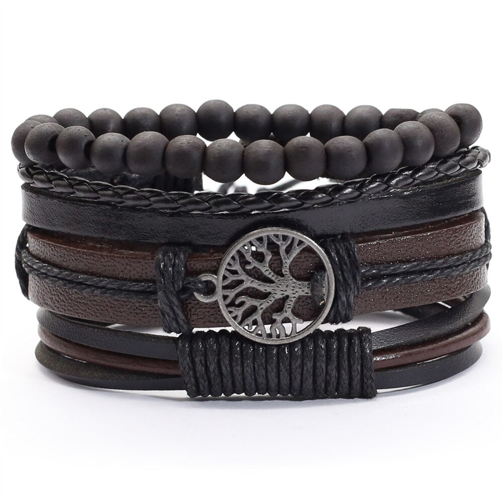 Khaki Brown Handmade Tree New Punk 4 pcs/set Multilayer Wood Beads Charm Leather Bracelets Men Bracelets Women Homme Jewelry