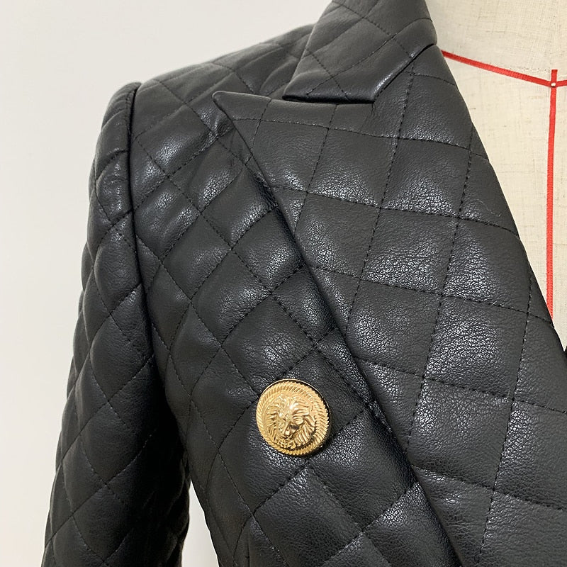 TOP QUALITY 2023 Newest Designer Jacket Women's Double Breasted Lion Buttons Grid Sewing Synthetic Leather Blazer