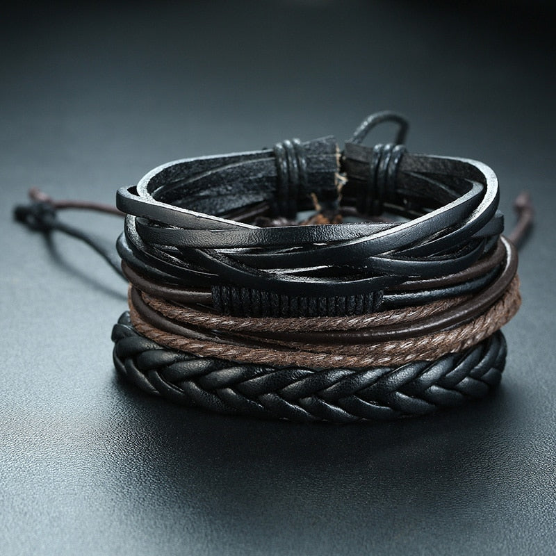 Vnox Assorted Men's Bracelets Set 4pcs Mixed Leather Wrap Bracelet Black Brown Bangles Punk Male Rock Accessory