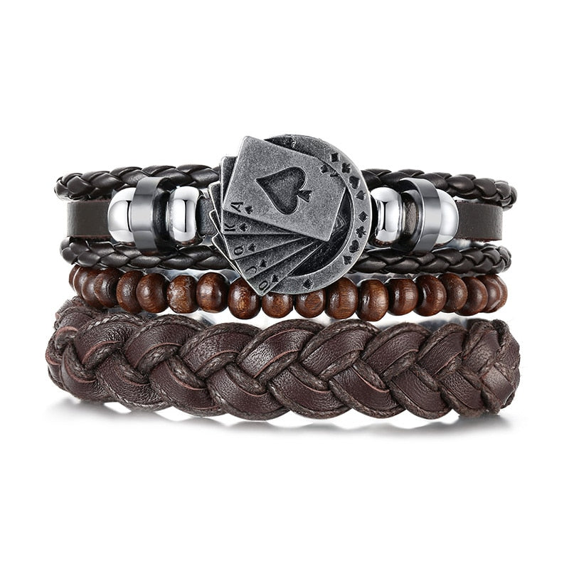 Vnox Assorted Men's Bracelets Set 4pcs Mixed Leather Wrap Bracelet Black Brown Bangles Punk Male Rock Accessory