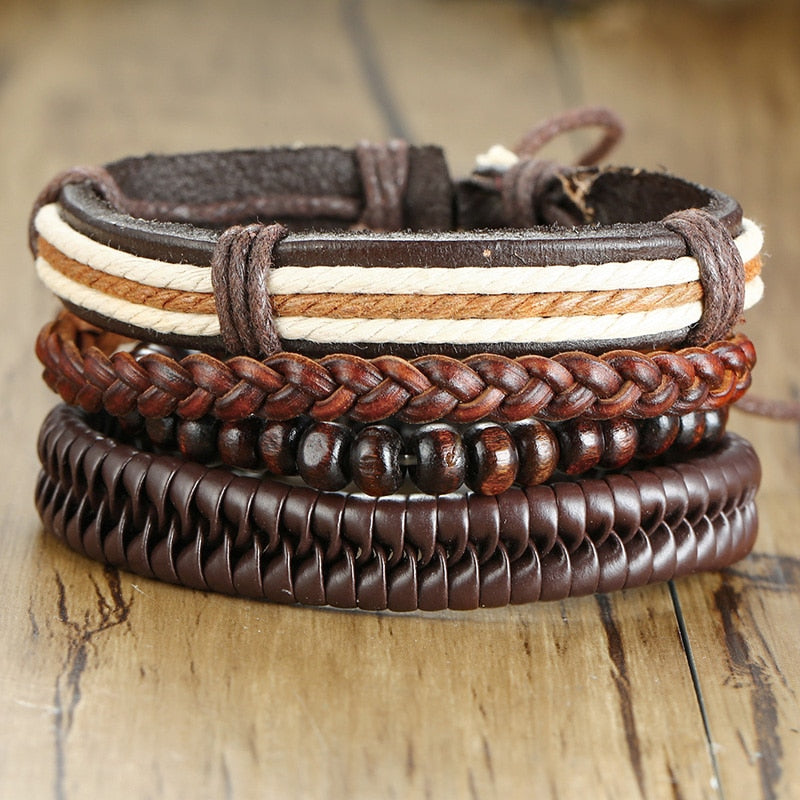 Vnox Assorted Men's Bracelets Set 4pcs Mixed Leather Wrap Bracelet Black Brown Bangles Punk Male Rock Accessory