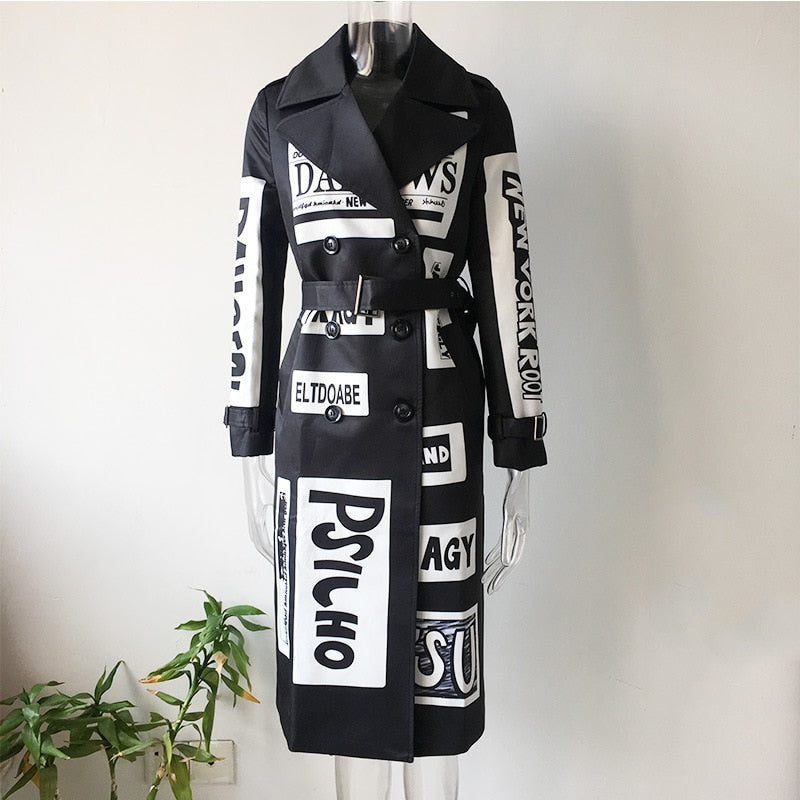 HarleyFashion 2023 Autumn Winter Women Long Coat Letters Printing High Street Stylish Graffiti Casual Quality Windbreaker Trench