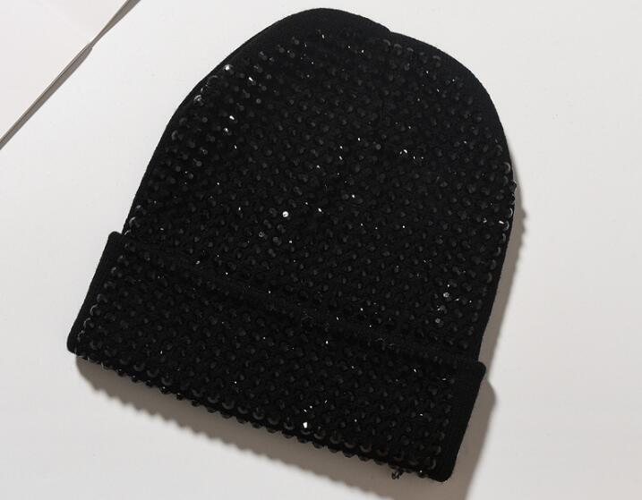 Women Solid Beanie with Stones Allover Ladies Girls Soft Warm Winter Hat Female Black Hats with Clear Black Crystals