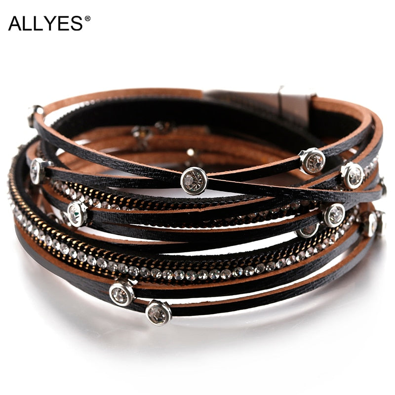 ALLYES Multiple Layers Crystal Charm Bracelet For Women Vintage Leather Bracelets &amp; Bangle Femme Jewelry