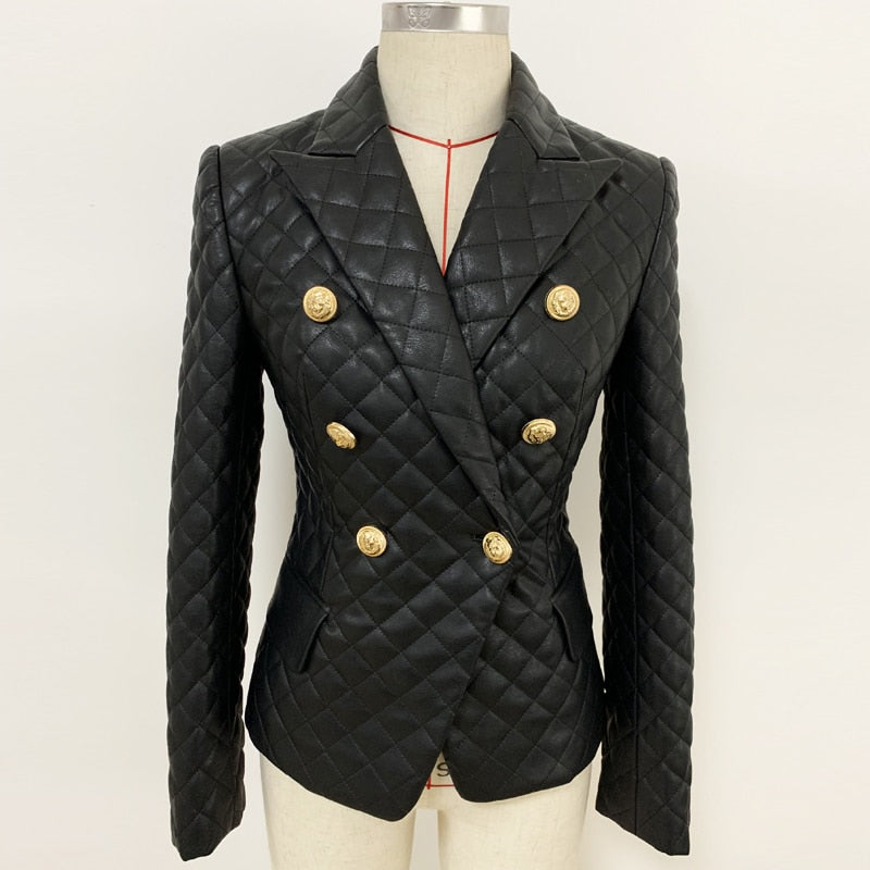 TOP QUALITY 2023 Newest Designer Jacket Women's Double Breasted Lion Buttons Grid Sewing Synthetic Leather Blazer