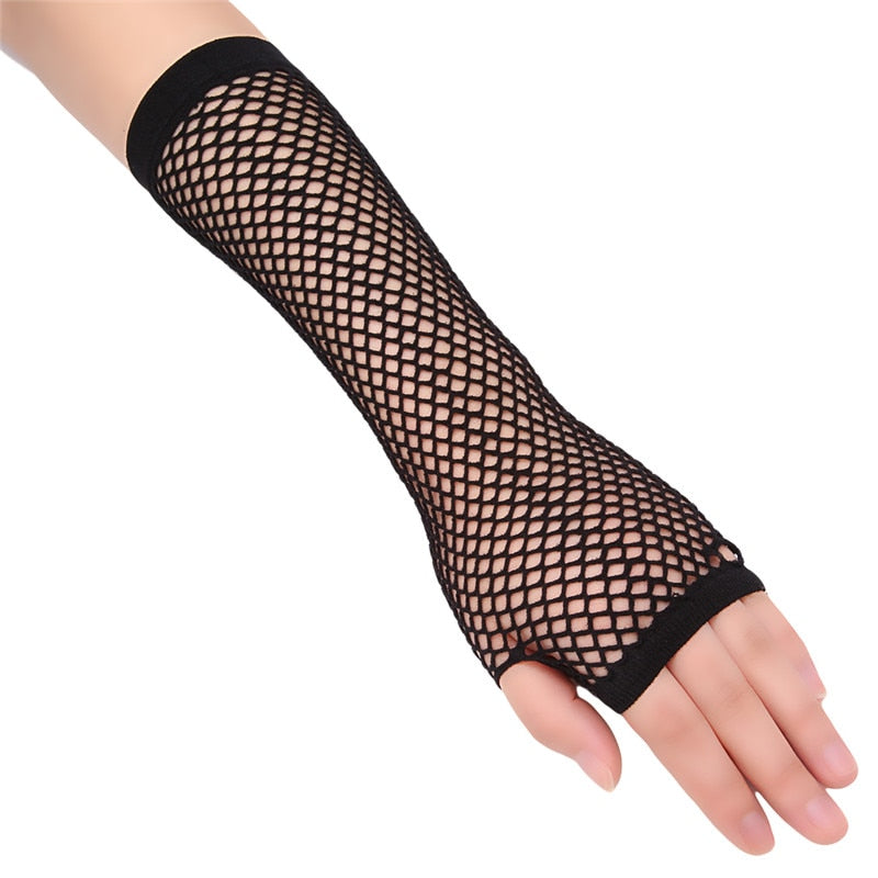 Stylish Long Black Fishnet Gloves Womens Fingerless Gloves Girls Dance Gothic Punk Rock Costume Gloves Sexy Hollow Out Disco