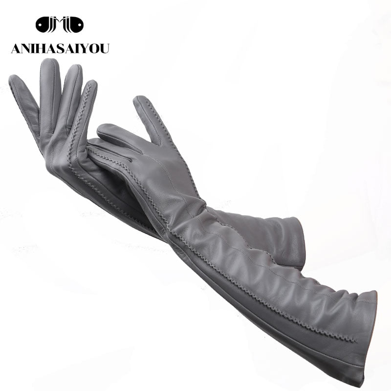 Fashion beige long leather gloves,high-grade long leather gloves women,winter genuine sheepskin women&#39;s long gloves - CSD2-50CM