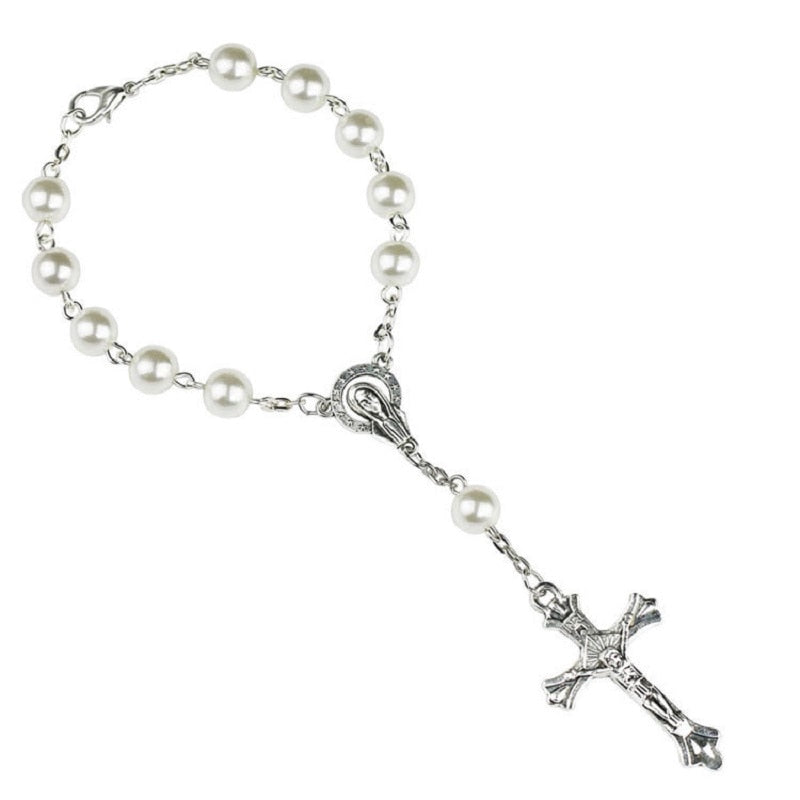 Komi Catholic Rosary White Imitation Pearls Beaded Cross Bracelets Women Christ Jesus Virgin Mary Praying Chains Bracelets R-307