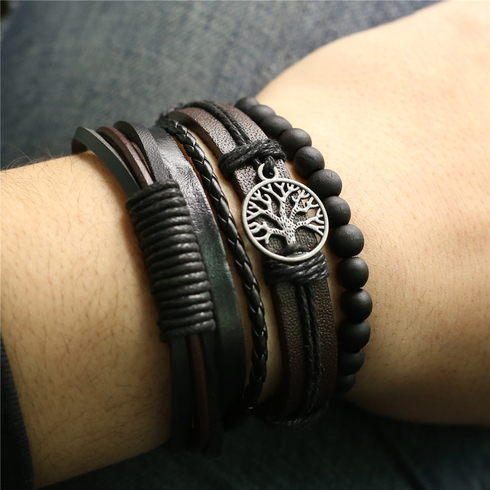 Khaki Brown Handmade Tree New Punk 4 pcs/set Multilayer Wood Beads Charm Leather Bracelets Men Bracelets Women Homme Jewelry