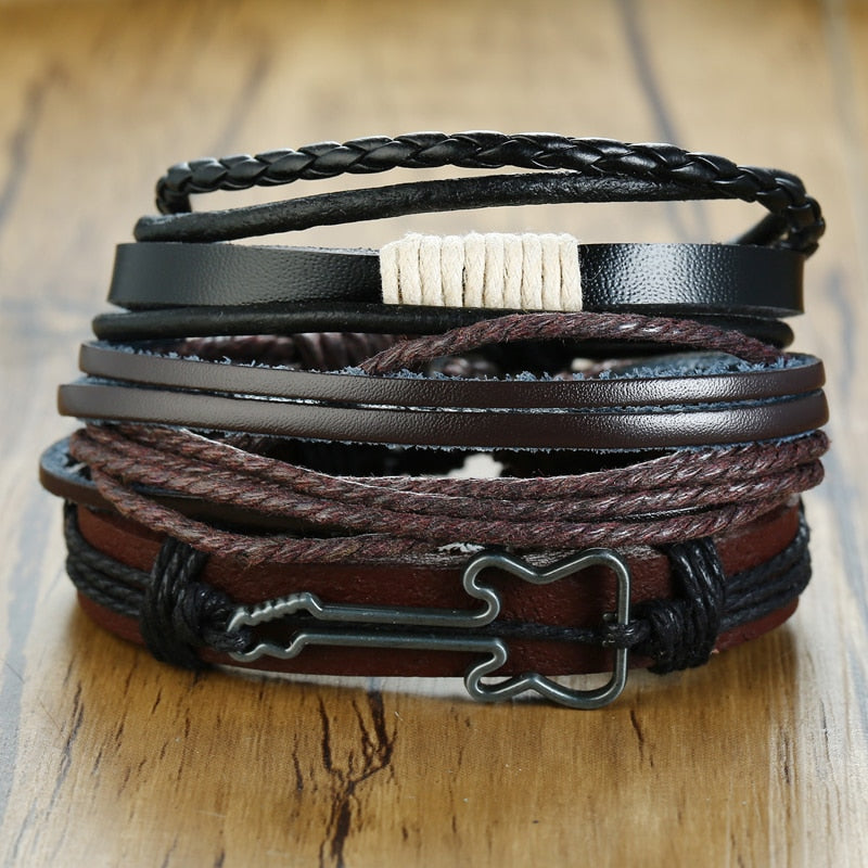 Vnox Assorted Men's Bracelets Set 4pcs Mixed Leather Wrap Bracelet Black Brown Bangles Punk Male Rock Accessory