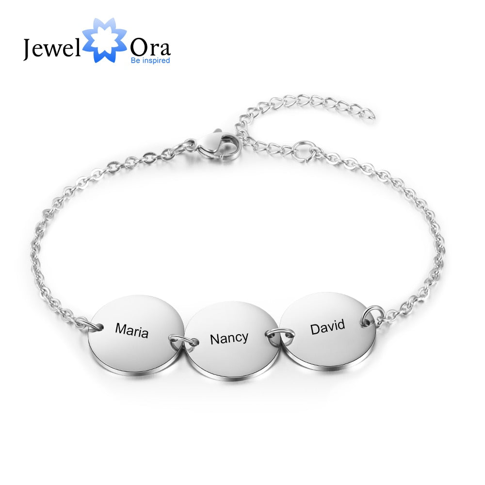 JewelOra Personalized Stainless Steel Round Discs Engraved Bracelets for Women Customized 3 Names Friendship Bracelets & Bangles