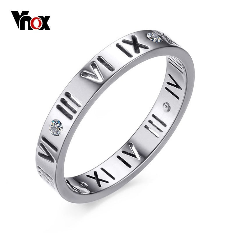 Vnox Women&#39;s Roman Numbers Wedding Rings Elegant Stainless Steel CZ Gold Color Female Alliance Jewelry