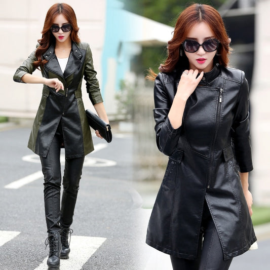 autumn New girl Leather Jacket Long Women&#39;s Leather Coat slim Fashion tops Female Motorcycle Clothing faux leather Blazer spring