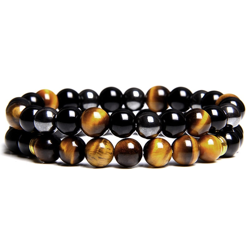 2pcs Men Bracelets Beads Natural Stone Black Onyx&amp;Tiger Eye&amp;Hematite Stone Bracelets for Women Men No Magnetic Bracelet