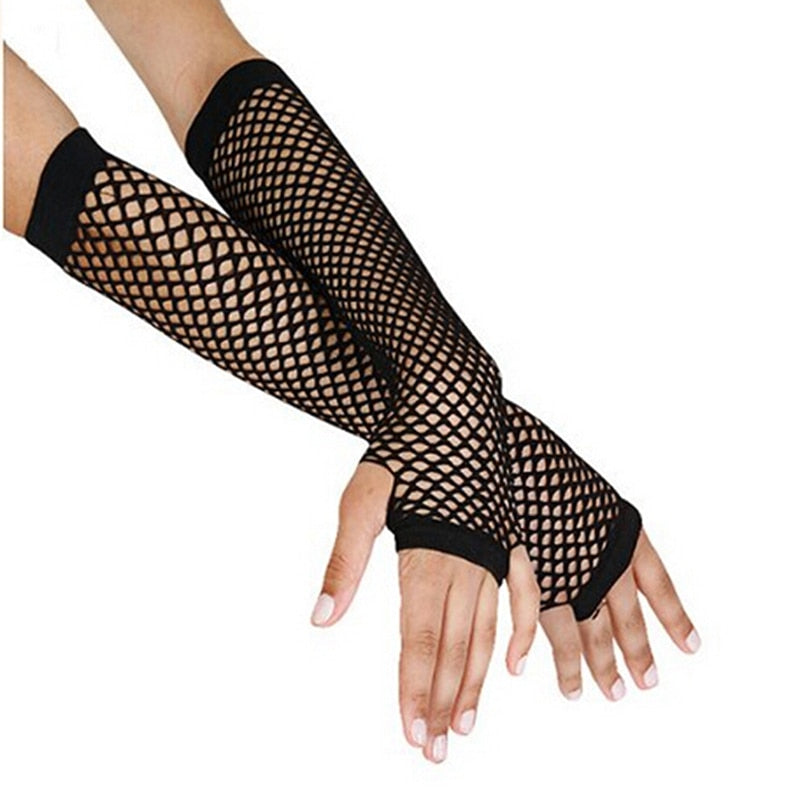 Stylish Long Black Fishnet Gloves Womens Fingerless Gloves Girls Dance Gothic Punk Rock Costume Gloves Sexy Hollow Out Disco