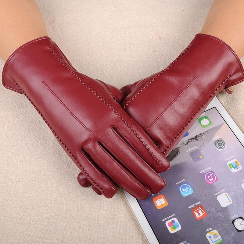 High Quality Leather Female Fashion Winter Warm Black Bow Cycling Gloves Women Driving Touch Phone Screen Glove Mittens B7