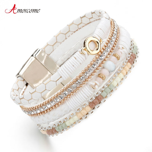 Amorcome White Leather Bracelets for Women Rhinestone Crystal Metal Charm Wide Multilayer Wrap Bracelets &amp; Bangles Jewelry