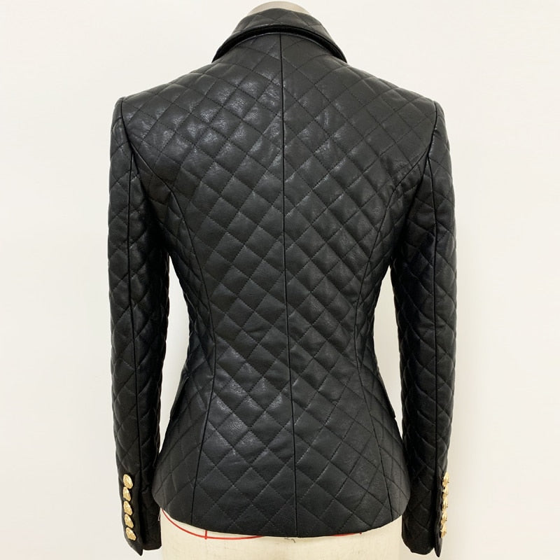 TOP QUALITY 2023 Newest Designer Jacket Women's Double Breasted Lion Buttons Grid Sewing Synthetic Leather Blazer