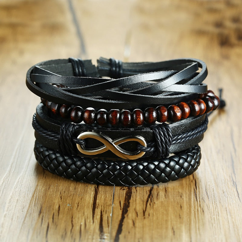 Vnox Assorted Men's Bracelets Set 4pcs Mixed Leather Wrap Bracelet Black Brown Bangles Punk Male Rock Accessory