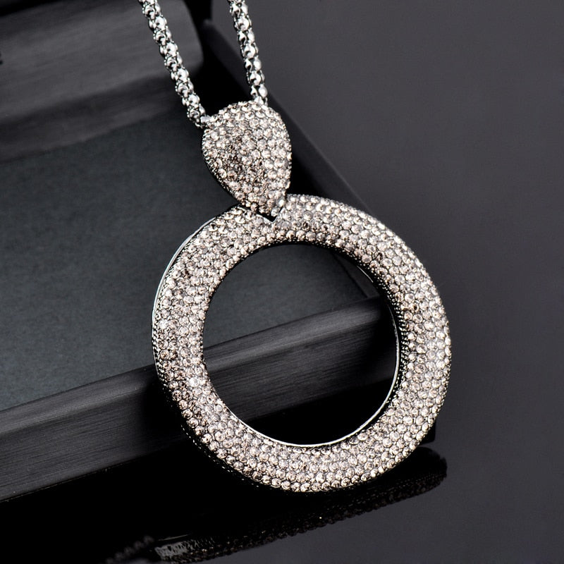 SINLEERY Dazzling Full Cubic Zirconia Hollow Round Pendant Long Necklace for Women Statement Maxi Jewelry Accessories ZD1 SSA